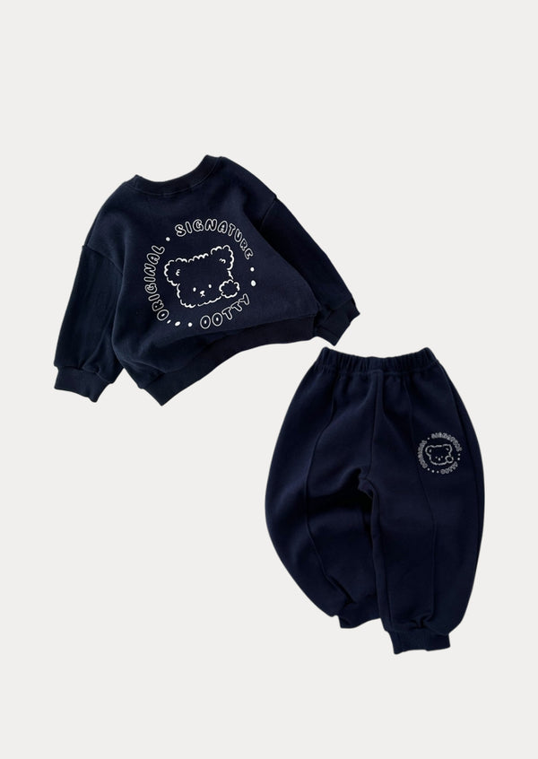 Bear Design Relaxed Jogger & Crew Set - Navy