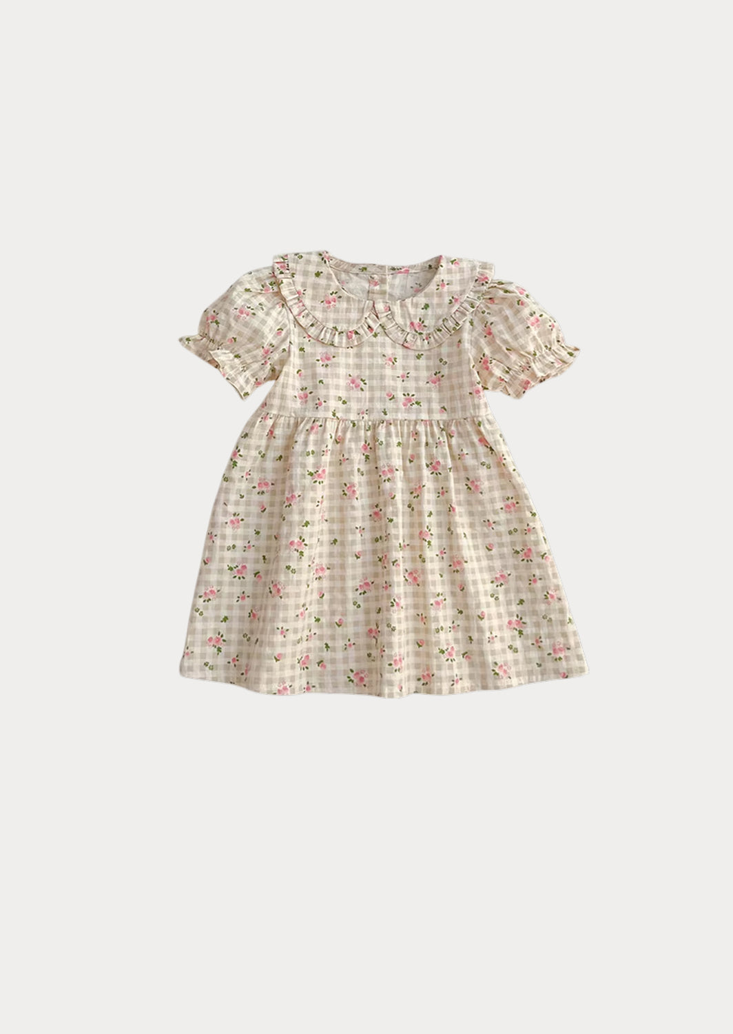 Girls Cream Check Dress with Roses - Toddler Dresses