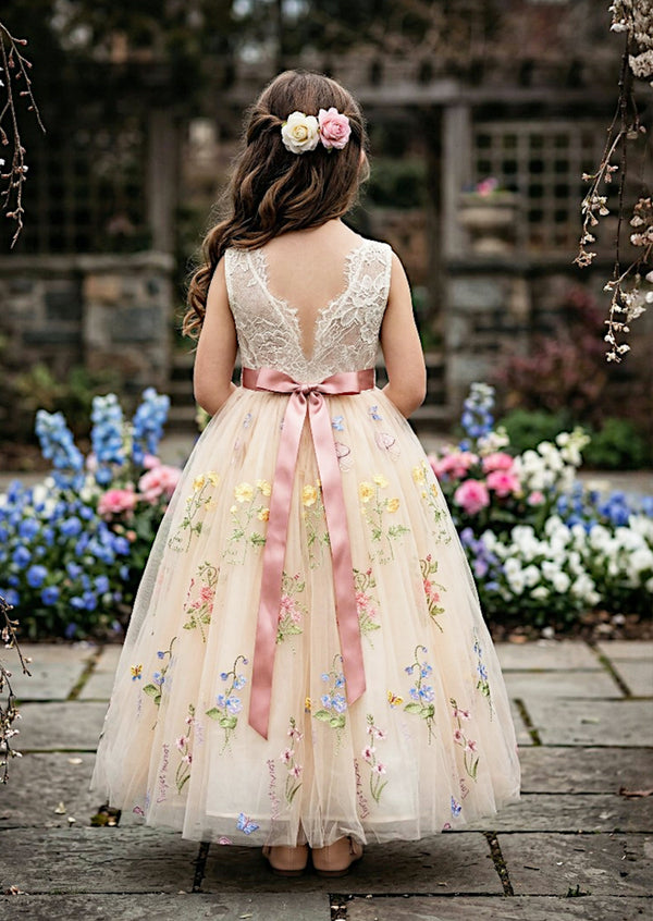 Floral Tulle Flower Girl Dress Ivory Sleeveless