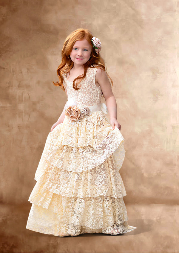 Rustic Lace Boho Layered Girls Dress || Ivory