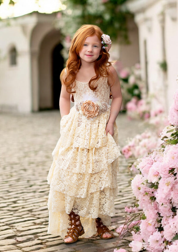 Girls boho lace flower girl part dress