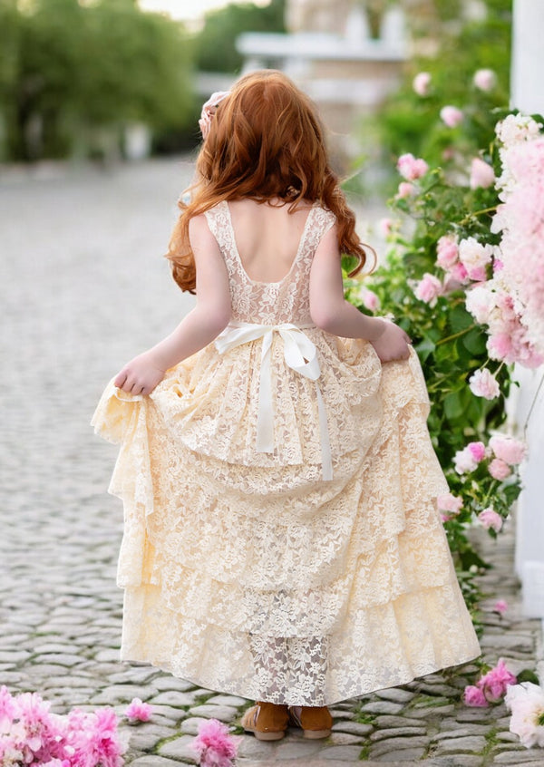 Girls scoop back beige lace flower girl dresses for toddler girls