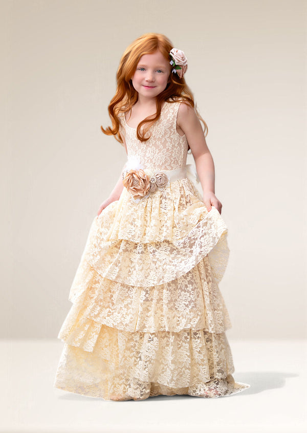 layered lace girls beige party dresses for weddings and special occasions