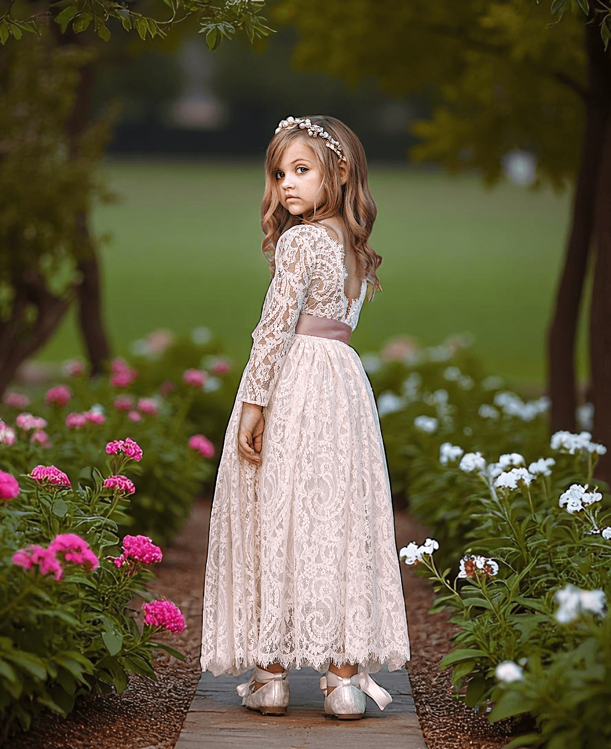 Champagne Long Sleeve Lace Vintage-Inspired Flower Girl Dress for Elegant Occasions