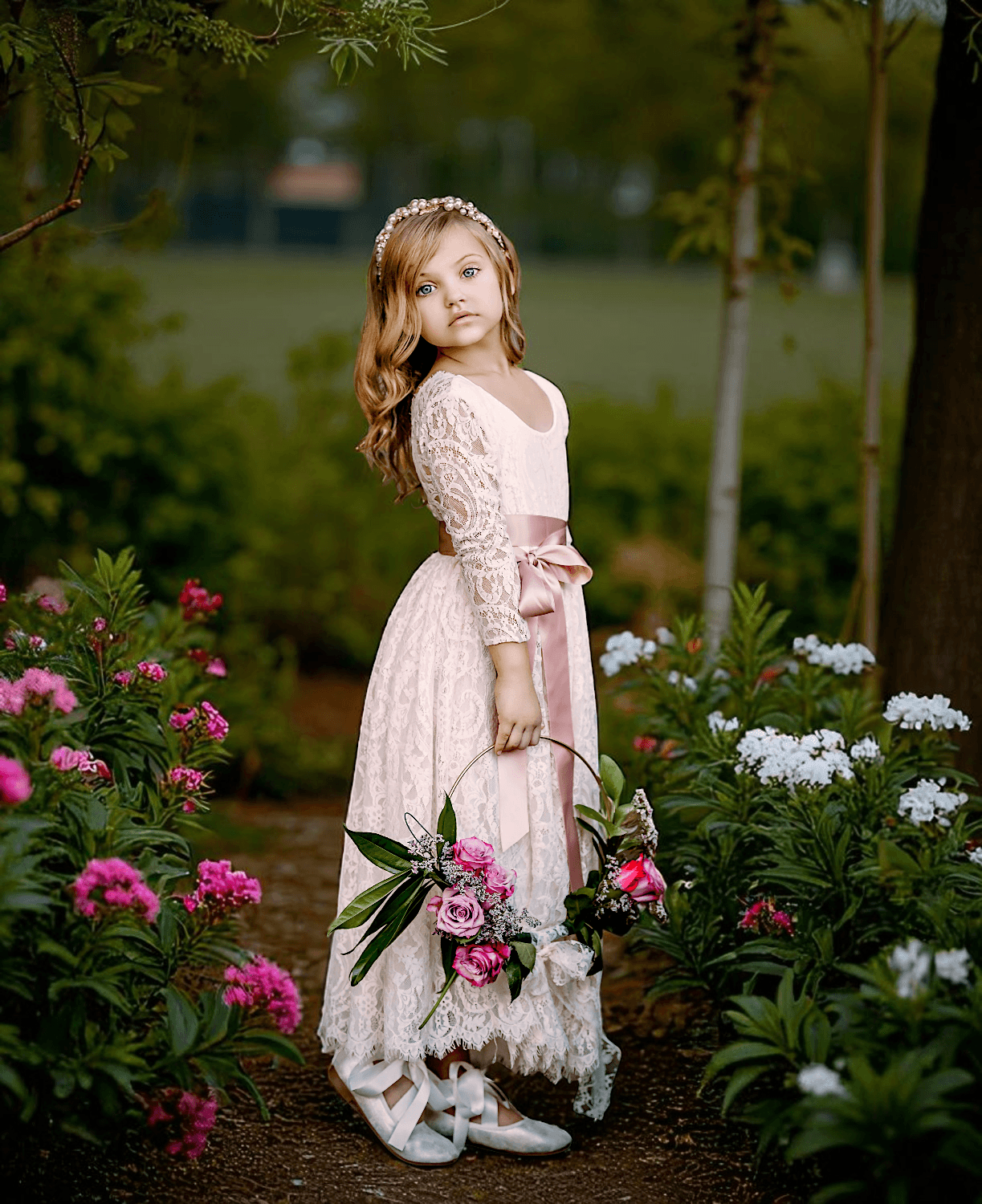 Champagne Long Sleeve Lace Vintage-Inspired Flower Girl Dress for Elegant Occasions