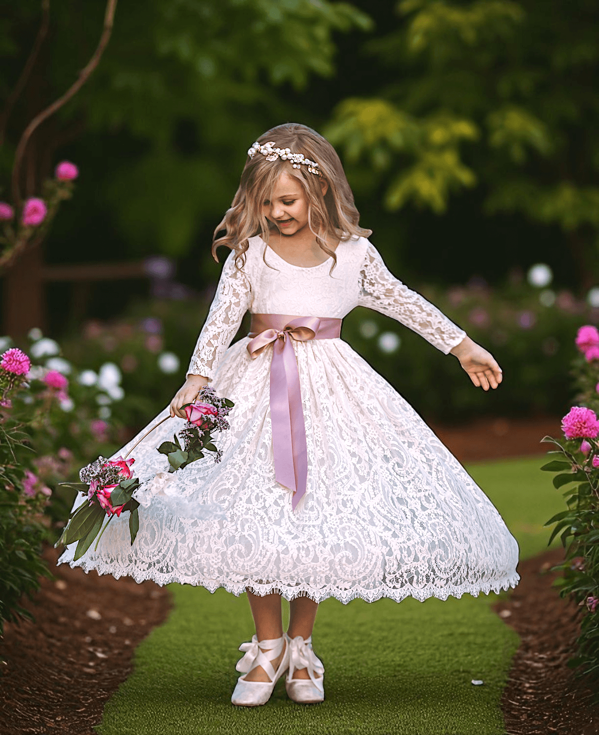 Champagne Long Sleeve Lace Vintage-Inspired Flower Girl Dress for Elegant Occasions