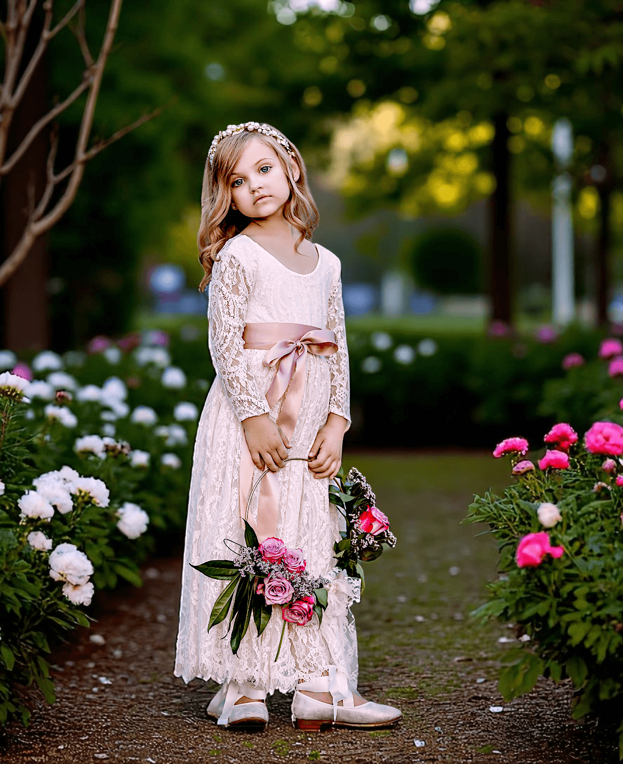 Champagne Long Sleeve Lace Vintage-Inspired Flower Girl Dress for Elegant Occasions