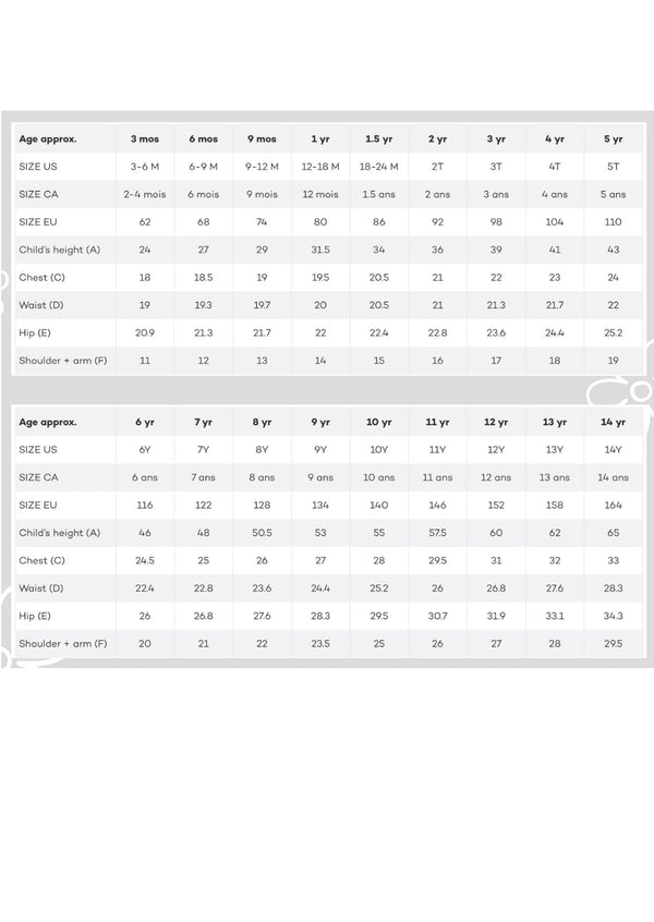 Measurement chart for children's sizes with age and height ranges.