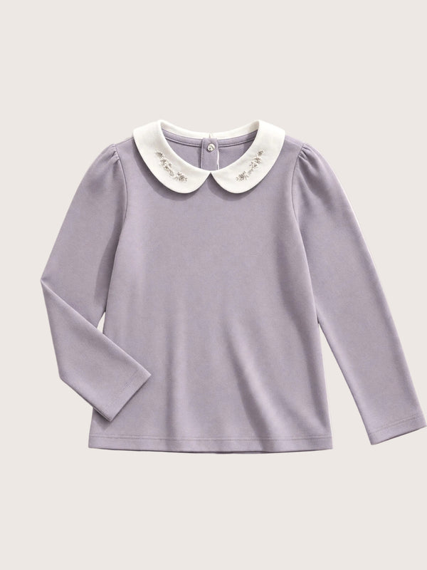 Girls’ Embroidered Collar Cotton Knit Shirt White | Long Sleeve Tops
