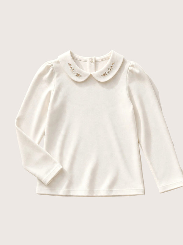 Girls’ Embroidered Collar Cotton Knit Shirt White | Long Sleeve Tops