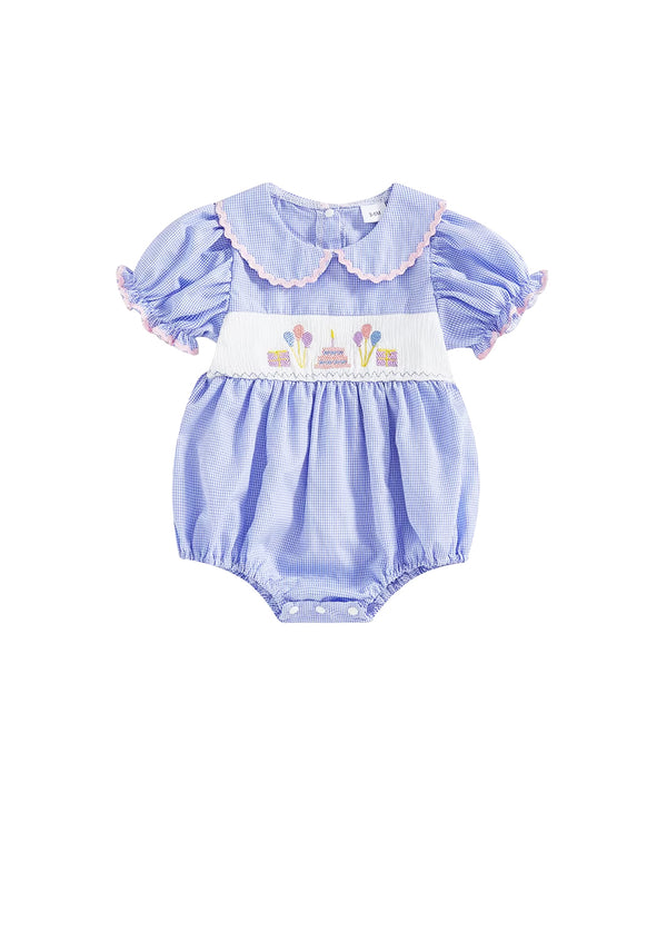 Birthday Balloons Mini Check Romper || Blue