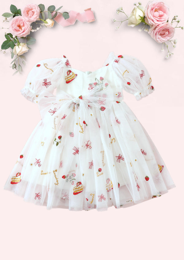 Strawberry Birthday Cake Party Dress - Romper Sibling Set White