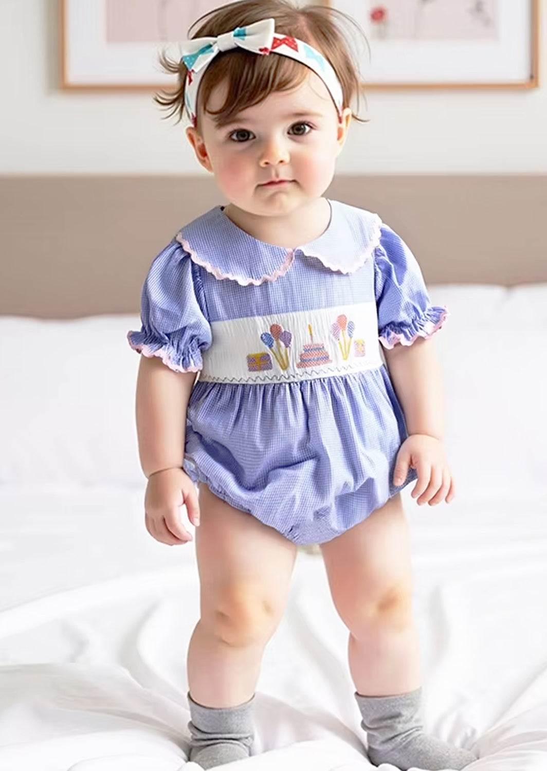 Birthday Balloons Mini Check Romper || Blue