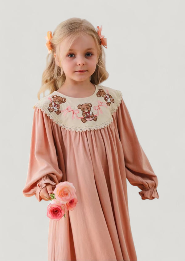 Pink Linen Bishop Collar Teddy Bear Dress