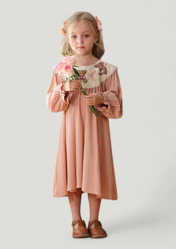 Pink Linen Bishop Collar Teddy Bear Dress