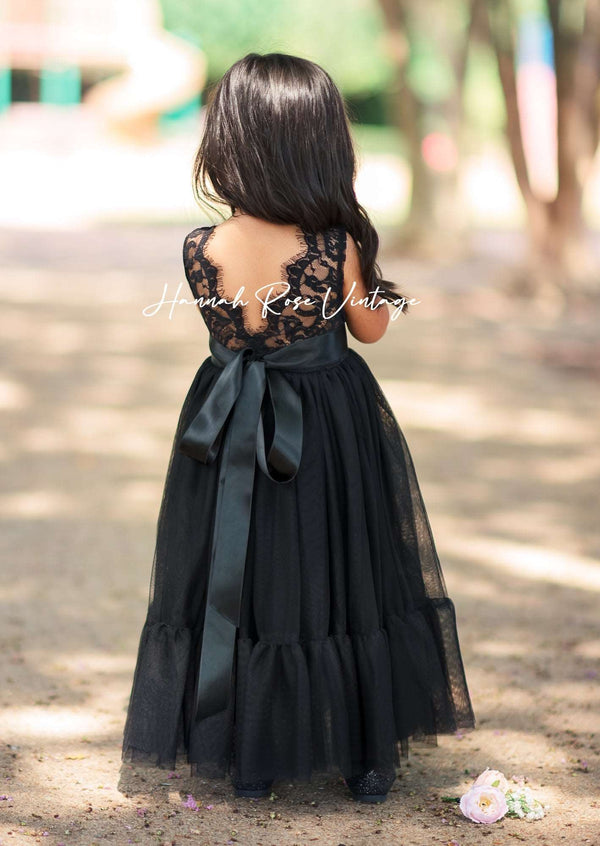black lace and tulle flower girl dress, back view