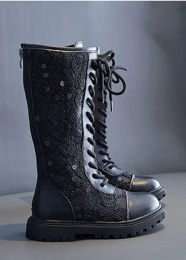 girls black sequin lace up boots