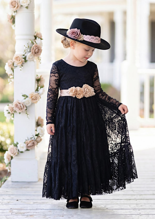 Black Lace Long Sleeve Boho Flower Girl Dress - Flower Girl Dresses