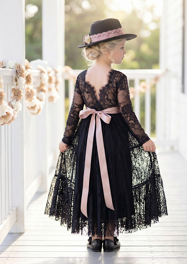 Black Lace Long Sleeve Boho Flower Girl Dress - Flower Girl Dresses