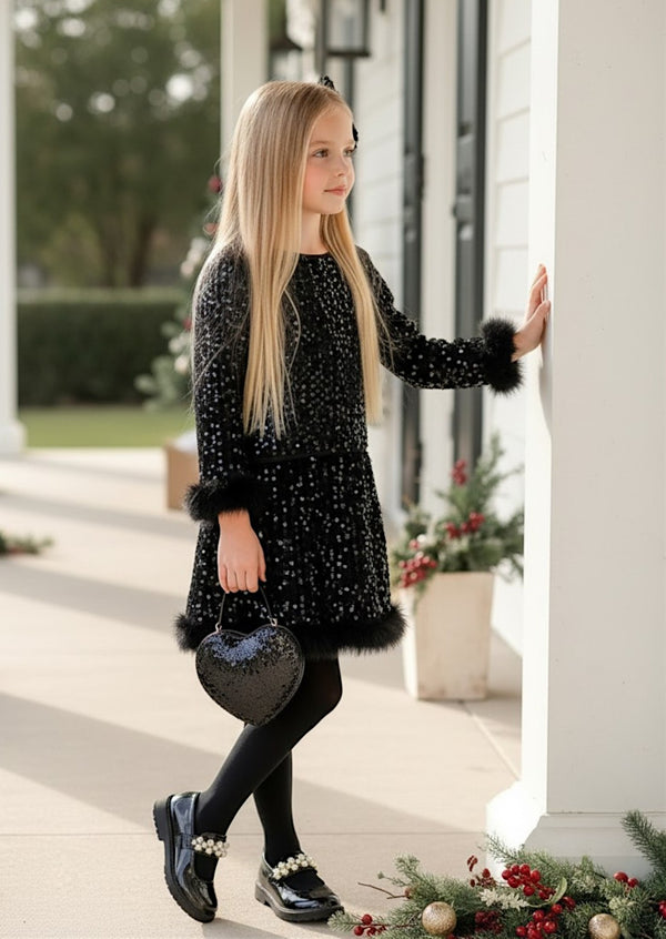 Mini Glam Sparkle Feather Two‑Piece Skirt Set - Girls Holiday Dress