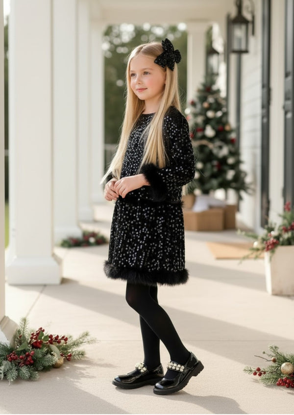 Mini Glam Sparkle Feather Two‑Piece Skirt Set - Girls Holiday Dress