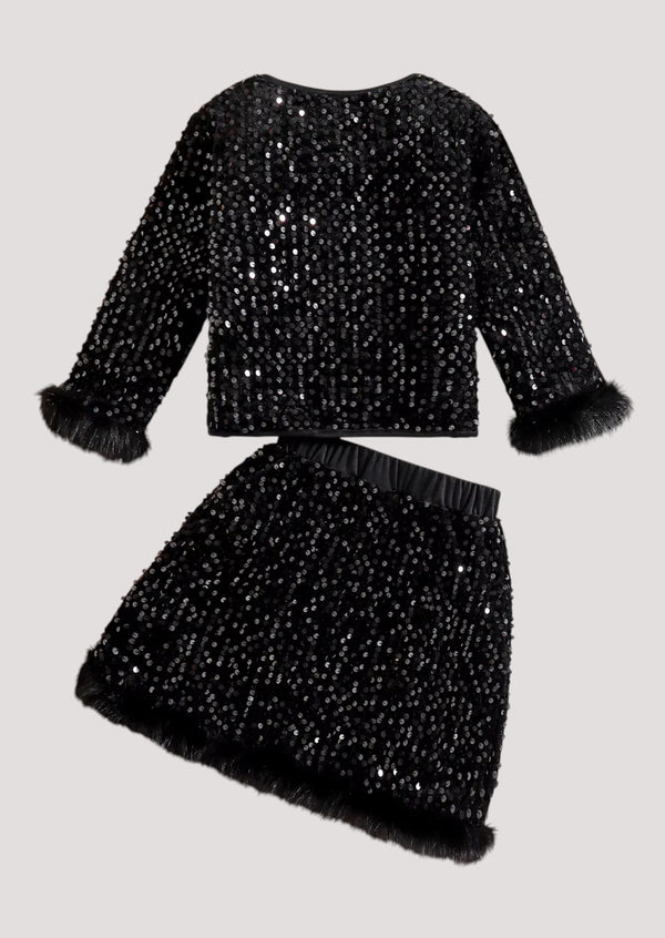 Mini Glam Sparkle Feather Two‑Piece Skirt Set - Girls Holiday Dress