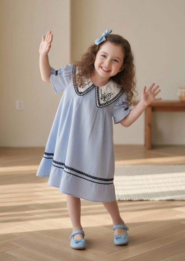 Toddler Girl Textured Cotton Dress in Blue