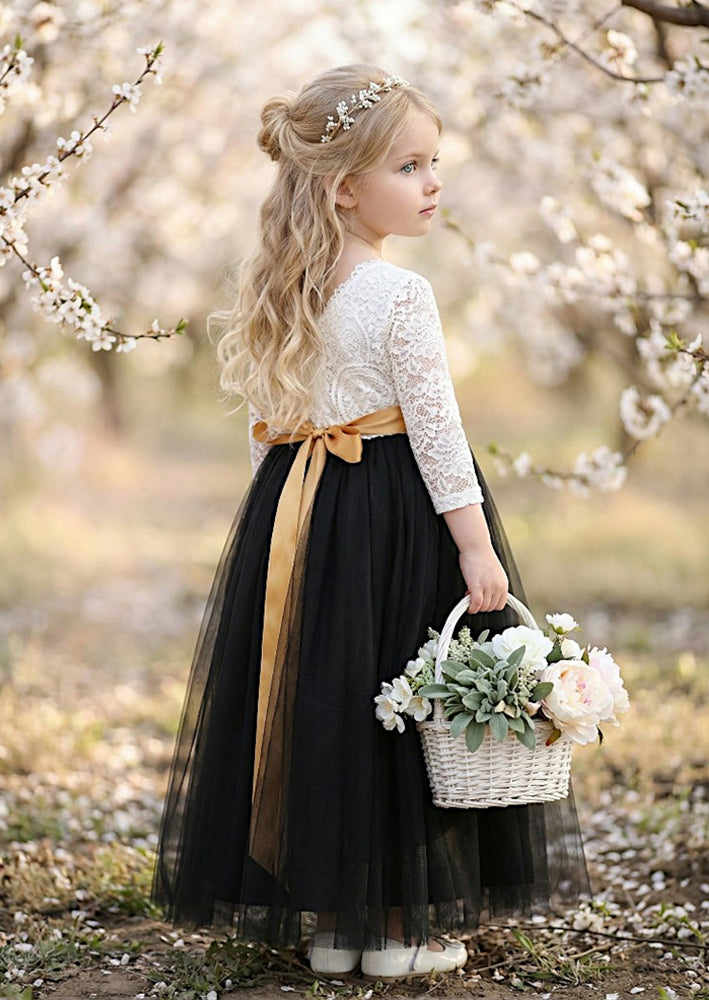 Black Lace Tulle Flower Girl Dress Feathered V‑Back