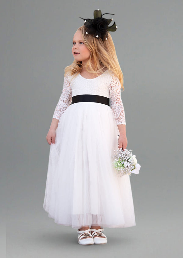 White tulle and lace flower girl dress with black sash for black and white wedding themes