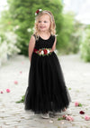 Black tulle and lace flower girl dresses for toddlers with burgundy rose sash