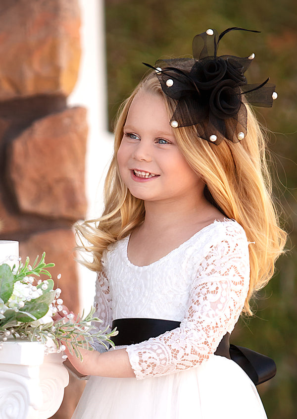 white scoop neck flower girl dress with black sash