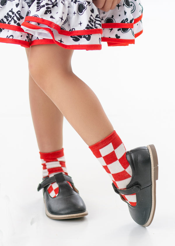 kids red and white check socks