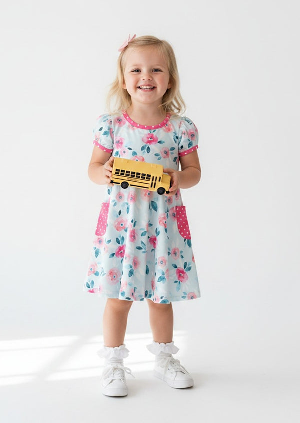 Blue Blossoms Polka Dot Girls Twirl Dress with Pockets - Twirl Dresses
