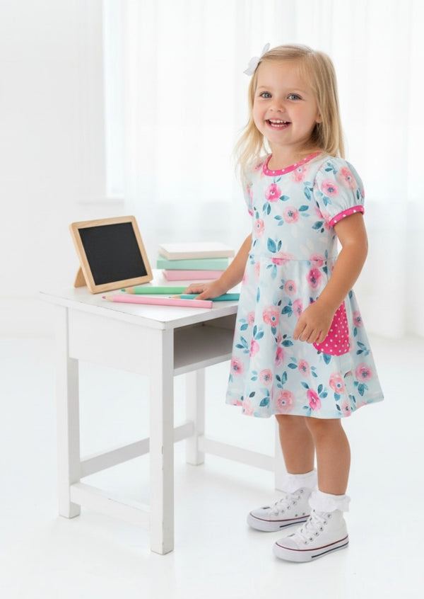 Blue Blossoms Polka Dot Girls Twirl Dress with Pockets - Twirl Dresses