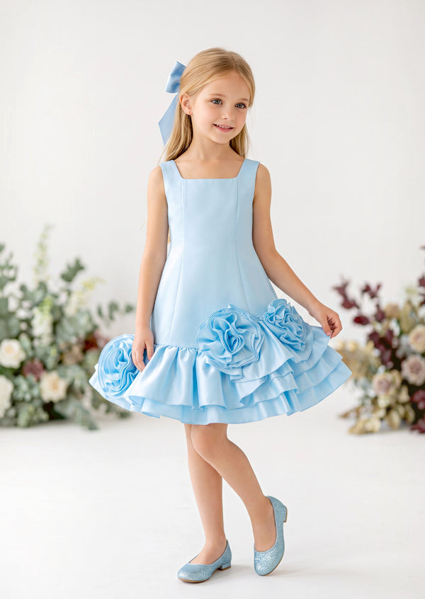 Girls Blue Flowers Applique Party Dress | Special Occasion Christmas