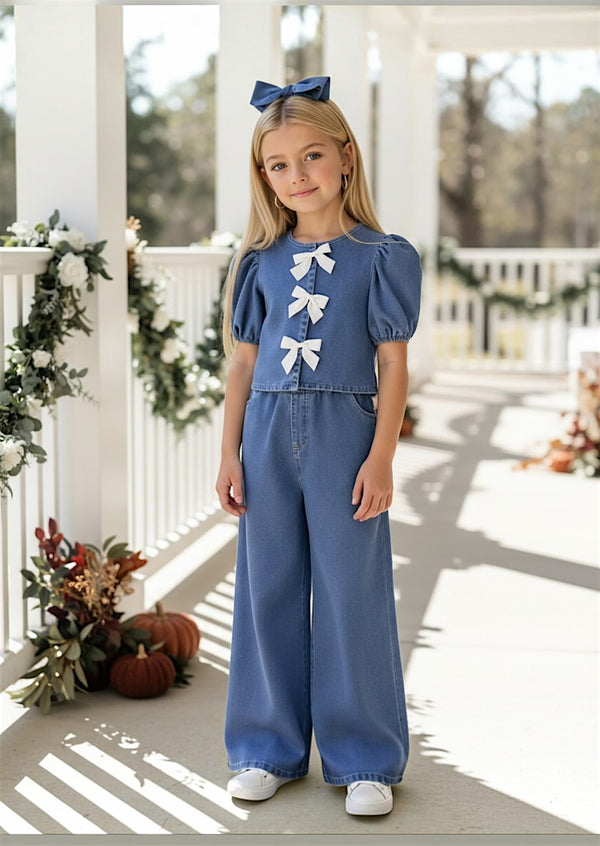 Sweetheart Denim Two‑Piece Pants Set - Girls Dresses & Outfits