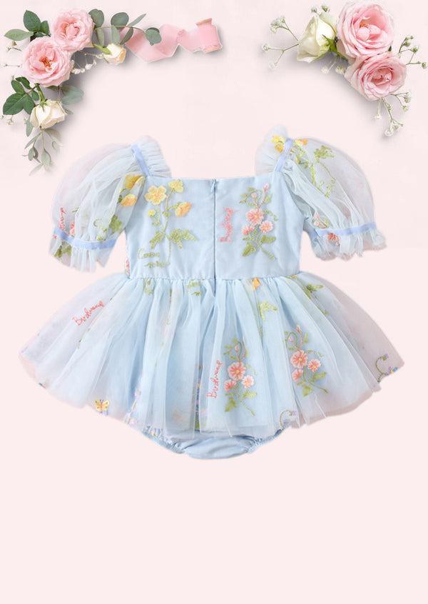Enchanted Floral Baby Girl Romper in Powder Blue
