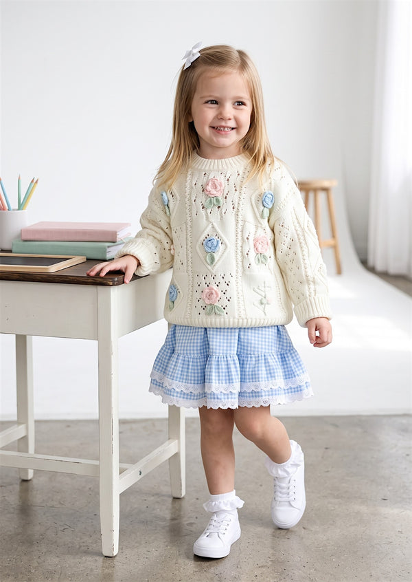 girls Handknit Flowers Pullover Sweater in Pink
