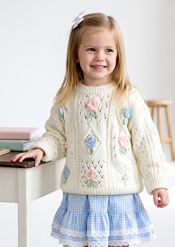 girls Handknit Flowers Pullover Sweater in Pink