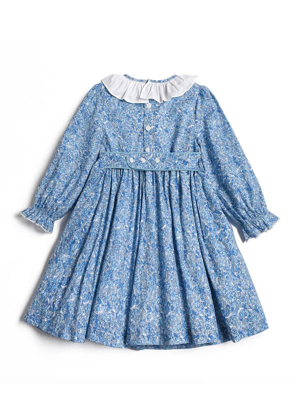 back view of toddler smocked dress in blue