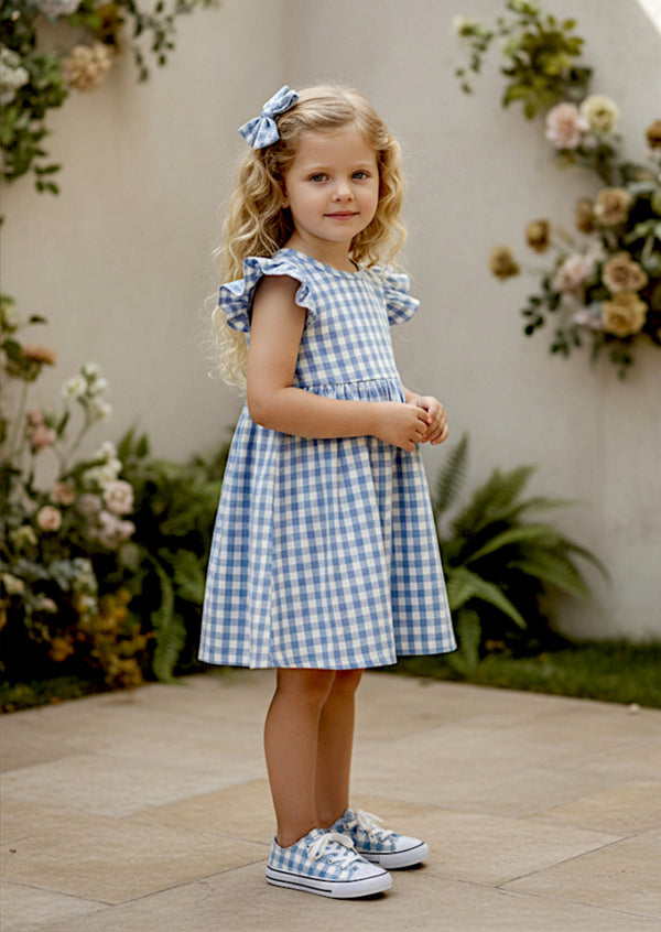 Girls Blue Check Flutter Sleeve Cotton Dress