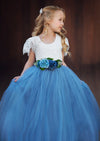 Short sleeve dusty blue tulle flower girl dress with silk flower sash 