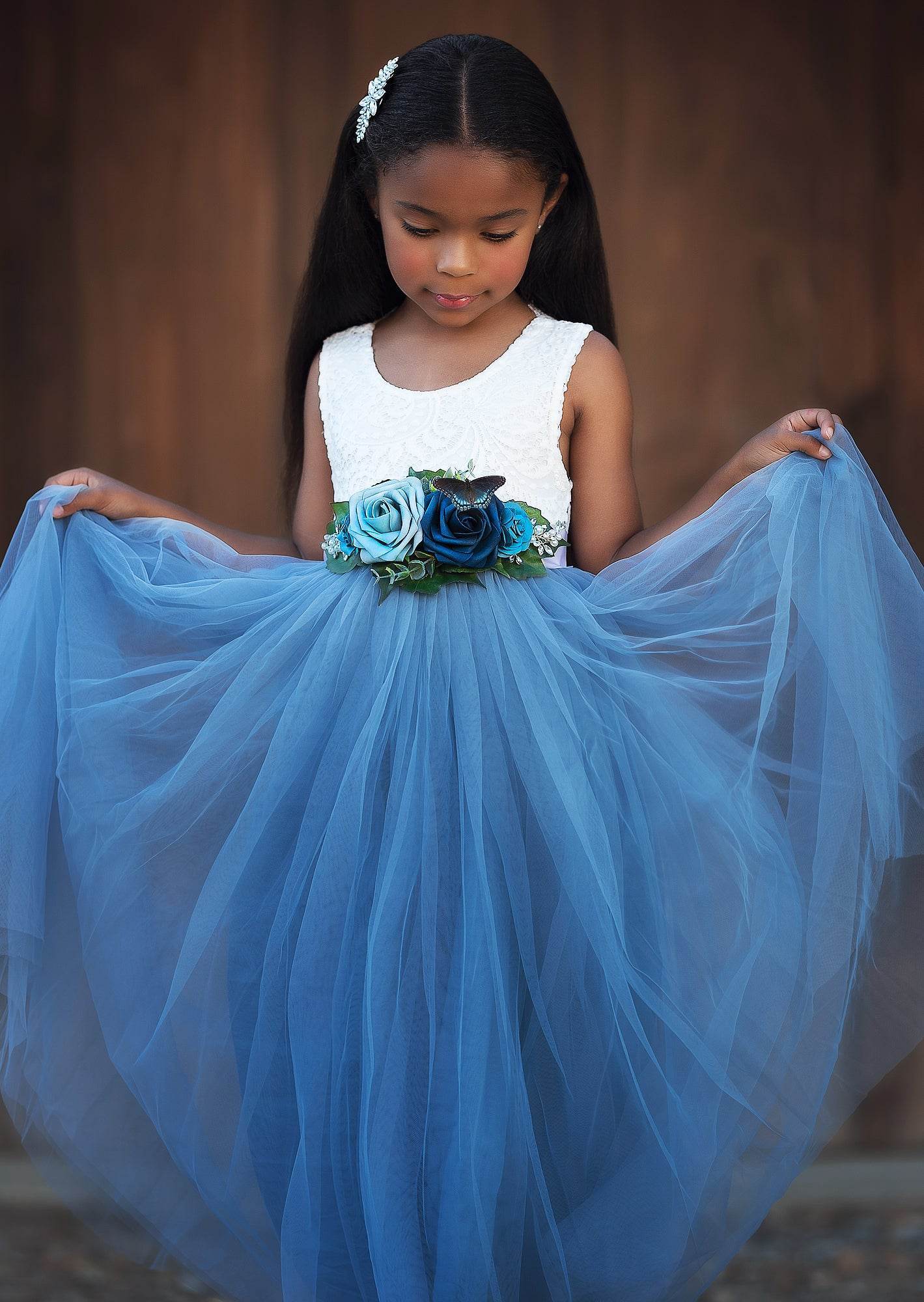 Dusty Blue Sleeveless Boho Toddler Flower Girl Dress for Outdoor Weddings