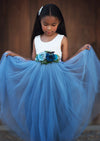 sleeveless Dusty blue flower girl dresses for toddlers with blue flower sash