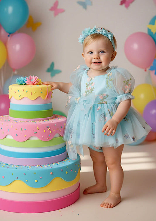 Baby Blue Puff Sleeve Romper First Birthday Outfit