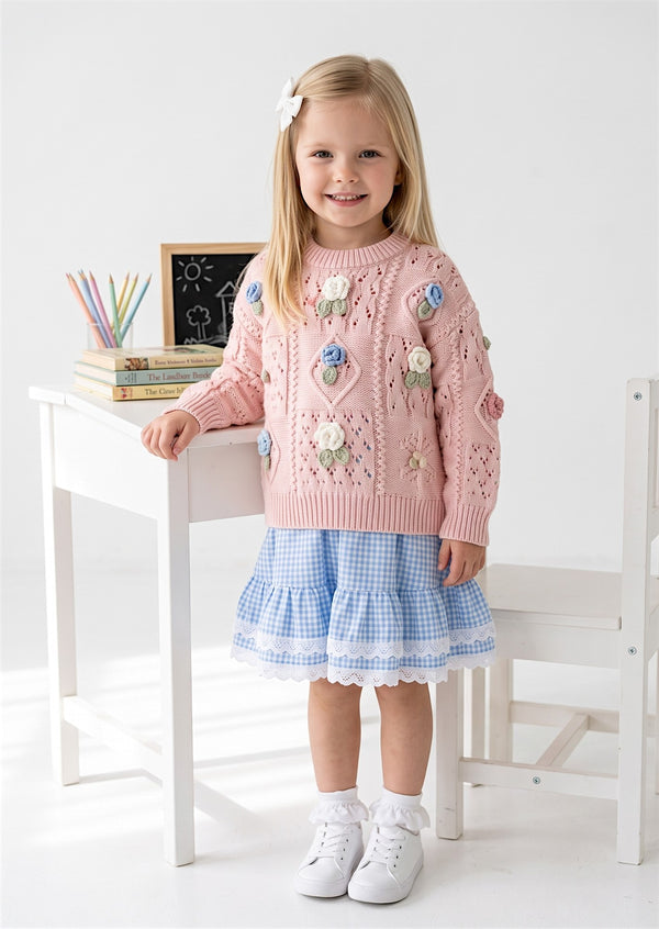 girls Handknit Flowers Pullover Sweater in Pink