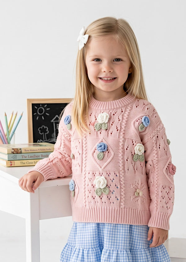 girls Handknit Flowers Pullover Sweater in Pink