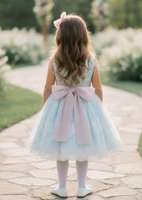 blue floral lace overlay knee length flower girl dress back view