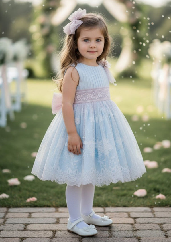 blue floral lace overlay knee length flower girl dress side view