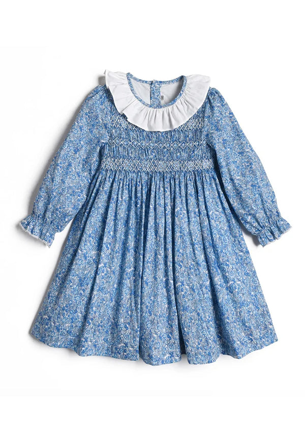 girls blue mini print smocked dress